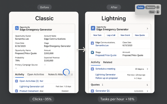  Classic vs Lightning comparison with faster flows and fewer clicks.