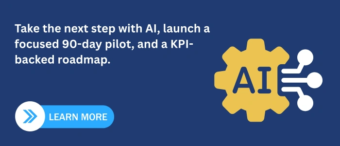 CTA banner with headline ‘Take the next step with AI—launch a focused 90-day pilot and a KPI-backed roadmap’, a Learn More button, and an AI gear icon on a navy background.