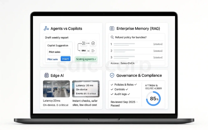 Laptop dashboard showing Agents vs Copilots, Enterprise RAG, Edge AI status, and Governance cards.