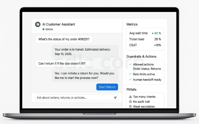 Chatbot resolving order status with side panels for metrics, guardrails, and pitfalls.