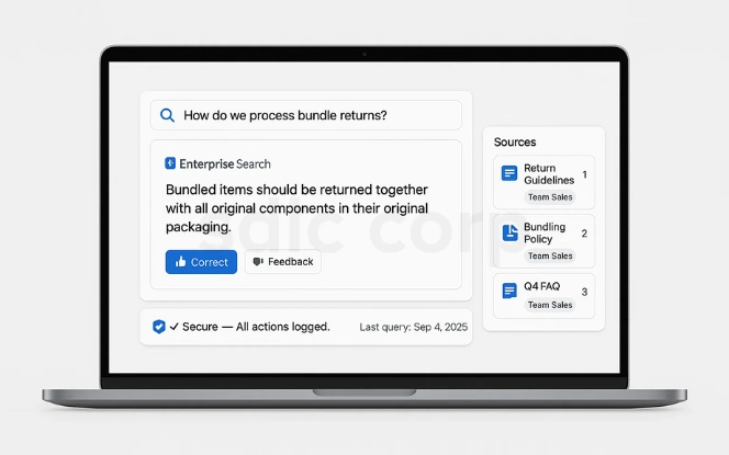 Search result answering bundle returns with citation chips and security logging.