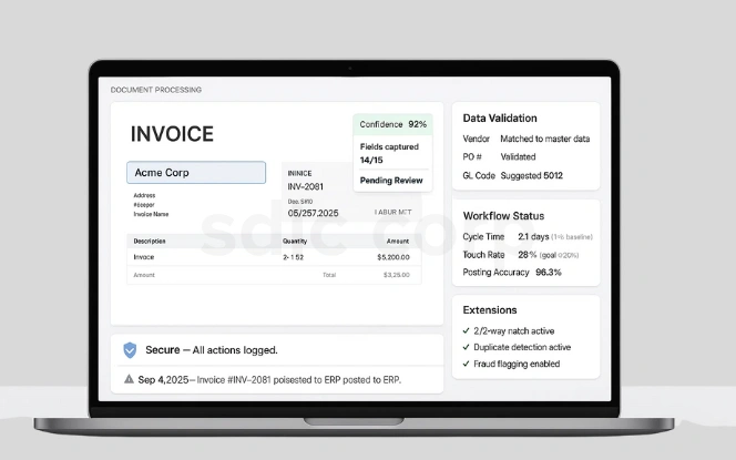 Invoice extraction with confidence, data validation, workflow status, and “Post to ERP.”