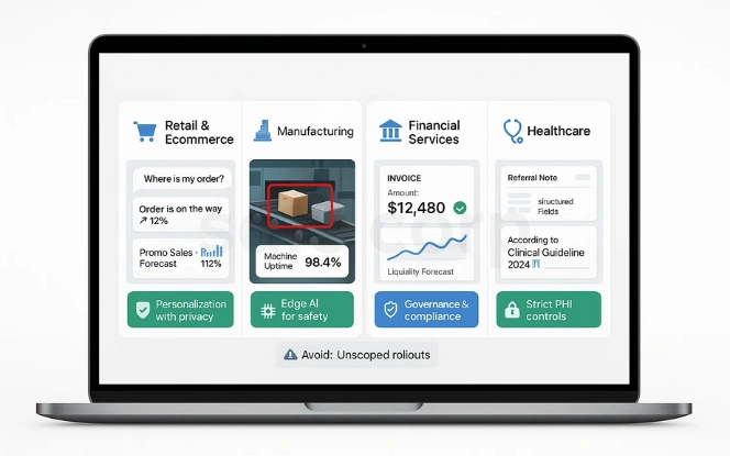 Tiles for Retail, Manufacturing, Financial Services, and Healthcare with key use cases.