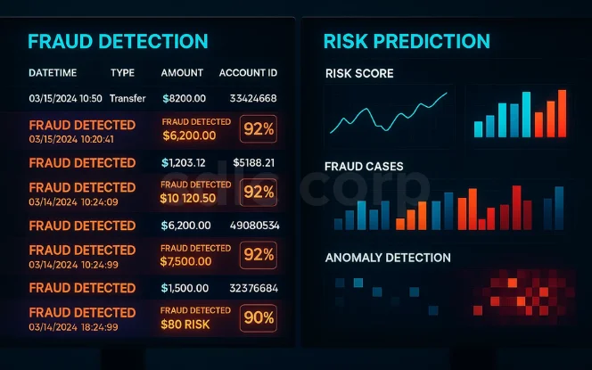 AI-powered financial fraud detection and risk prediction dashboard showing real-time transactions with fraud alerts, risk scores, bar charts, and anomaly detection heatmaps in a modern corporate design 