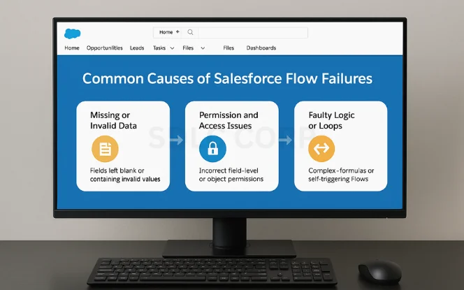 Diagram highlighting causes like missing or invalid data, permission issues, and faulty logic or loops in Salesforce Flows.