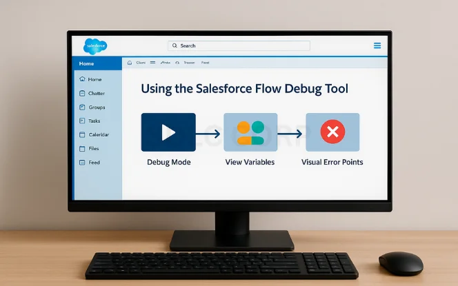 Step-by-step representation of using debug mode, viewing variables, and identifying visual error points in Salesforce Flows.