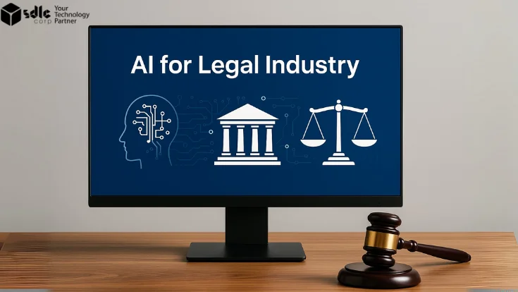 AI for Legal Industry on monitor with gavel showing justice scales and courthouse icons
