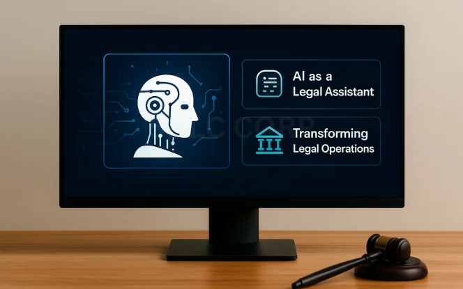 AI legal assistant and transforming legal operations on monitor with gavel