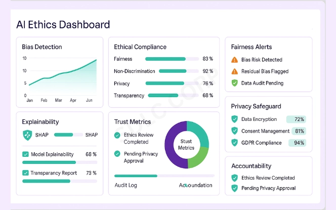 AI Ethics dashboard showing bias detection graph, ethical compliance trackers, fairness alerts, and privacy safeguard bars in a modular layout.