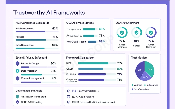 Trustworthy AI dashboard with NIST compliance scorecards, OECD fairness metrics, EU AI Act alignment gauges, and framework comparison charts.