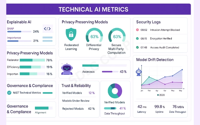 Technical AI dashboard with SHAP and LIME explainability graphs, privacy-preserving model charts, security logs, and model drift detection metrics.