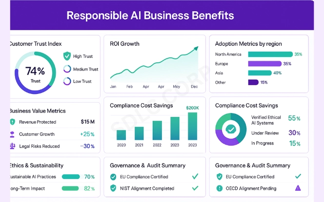 Business AI Impact dashboard with customer trust index scores, ROI growth graphs, adoption metrics by region, and compliance cost savings charts.