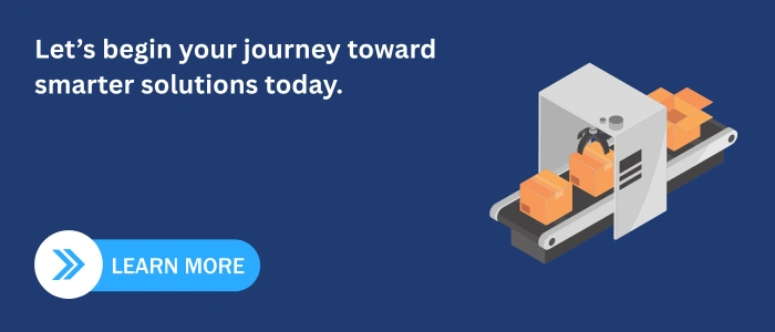 CTA banner with text and illustration of a conveyor belt machine scanning packages.