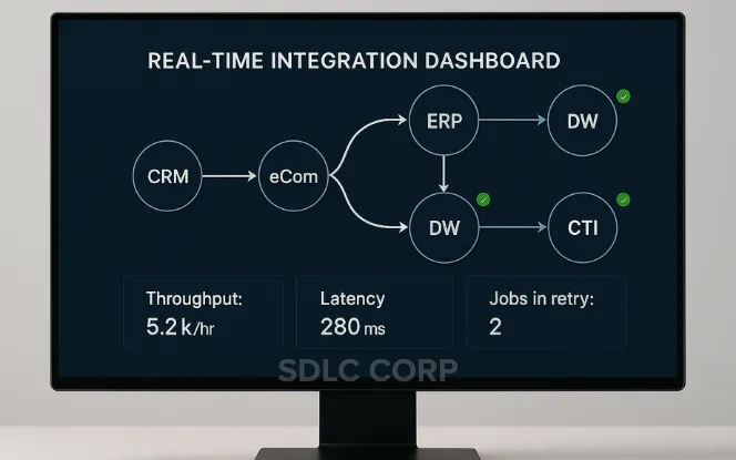  Architects sketch a real-time integration diagram (CRM, iPaaS, Event Bus, ERP) on a glass whiteboard in a daylight meeting room.