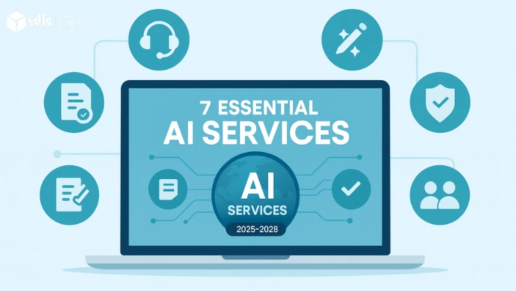 Hero banner showing a laptop with the headline ‘7 Essential AI Services’ and a central ‘AI Services 2025–2028’ badge, surrounded by icons for support, documents, magic wand, shield, checklist, and people.