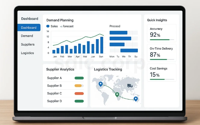 Laptop screen showing a supply chain dashboard with demand planning charts, supplier analytics, logistics tracking, and quick insights (accuracy, delivery, cost savings).