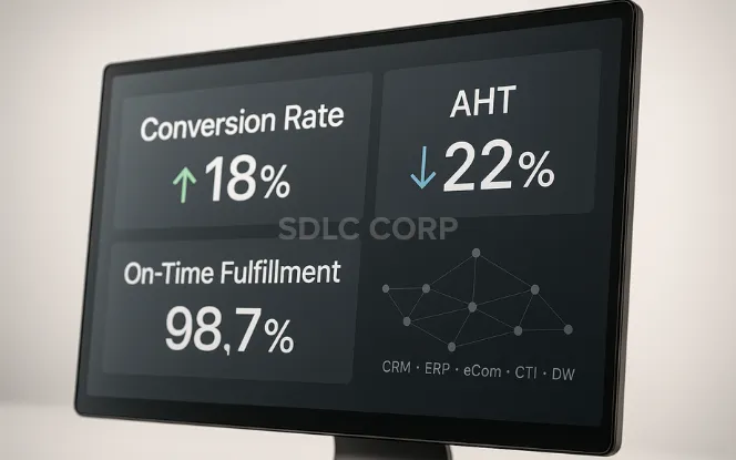  Close-up of a monitor showing a sequence diagram: CRM (CDC) → Event Bus → consumers (ERP, Data Warehouse, eCom, CTI), with arrows labeled “publish”, “retry w/ backoff”, and “idempotent