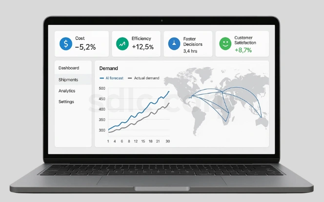 Laptop screen with an AI-driven supply chain dashboard highlighting cost reduction, efficiency gains, faster decisions, customer satisfaction, and global demand forecasting.