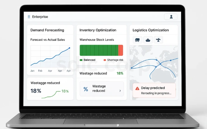 Laptop screen displaying AI applications in supply chain: demand forecasting, inventory optimization, and logistics optimization with real-time alerts and wastage reduction.