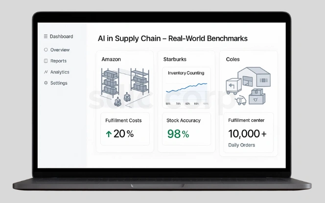 Dashboard mockup on a laptop showing real-world AI in supply chain benchmarks for Amazon, Starbucks, and Coles with metrics on fulfillment costs, stock accuracy, and daily orders.