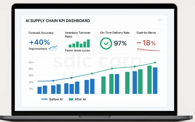 Laptop screen with an AI supply chain KPI dashboard showing forecast accuracy, inventory turnover ratio, on-time delivery rate, and cost-to-serve improvements