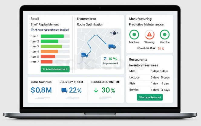 Dashboard mockup on laptop highlighting industry-specific AI use cases in retail, e-commerce, manufacturing, and restaurants with metrics like cost savings, downtime reduction, and delivery speed.