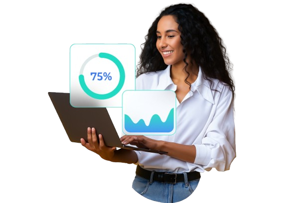  Salesforce integration consultant using a laptop with real-time analytics widgets (75% gauge and line chart), Salesforce Partner badge visible.