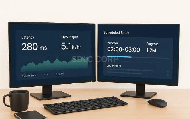  Close-up of a monitor showing a sequence diagram: CRM (CDC) → Event Bus → consumers (ERP, Data Warehouse, eCom, CTI), with arrows labeled “publish”, “retry w/ backoff”, and “idempotent