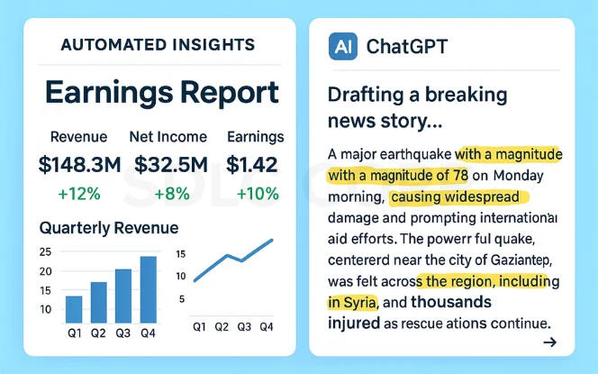 AI-powered journalism tools on newsroom computer screens showing an Automated Insights earnings report and a ChatGPT-like interface drafting a news story in real time. 