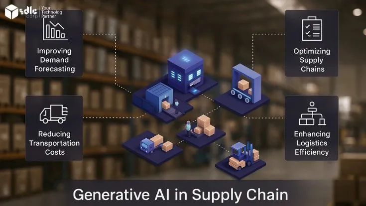 Infographic showing Generative AI in Supply Chain with icons for demand forecasting, supply chain optimization, logistics efficiency, and transportation cost reduction, set against a warehouse background.
