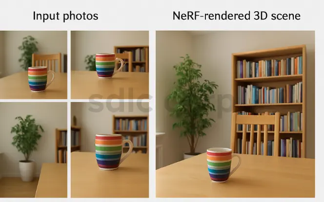 Comparison showing input photos of a rainbow-striped mug on a table and the NeRF-rendered 3D scene, with added details like a bookshelf, chair, and potted plant in a realistic room setting.