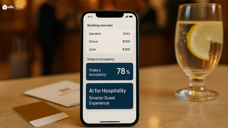 martphone on a hotel reception desk showing an AI-powered hospitality app with booking, occupancy, and guest experience features, surrounded by hotel props.