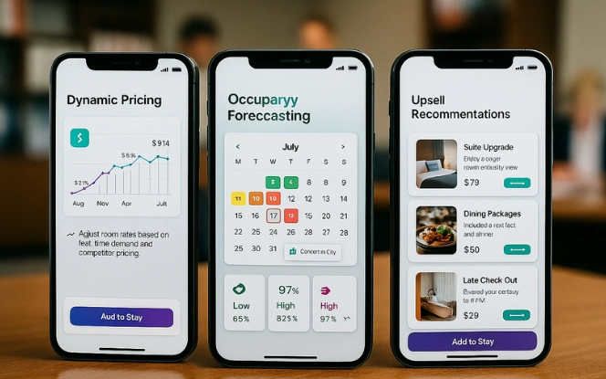 Smartphone at hotel reception showing an AI app with room pricing, occupancy tracking, and revenue insights for managers.