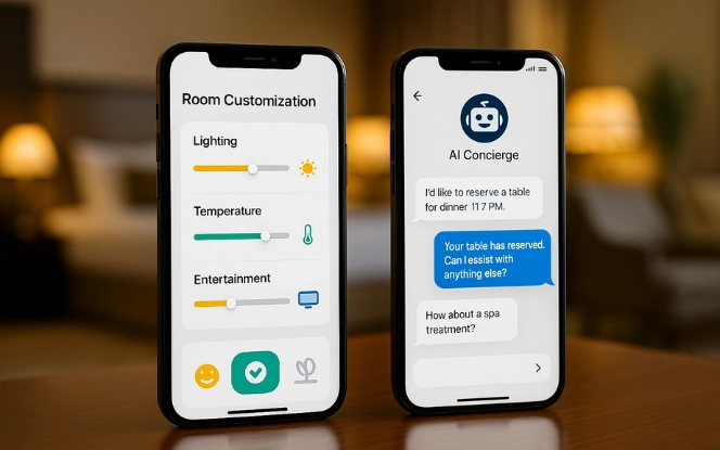 AI-driven hospitality app on a smartphone showing booking, occupancy, and guest service features at a hotel desk.