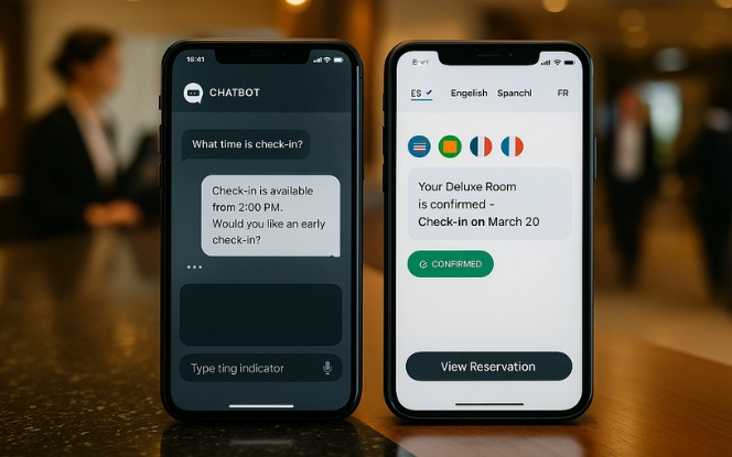 AI chatbot interface on a smartphone assisting hotel guests with booking, inquiries, and customer support services.