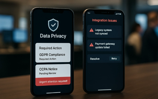 Illustration showing key challenges and considerations in adopting AI for hospitality, including costs, training, and data privacy.