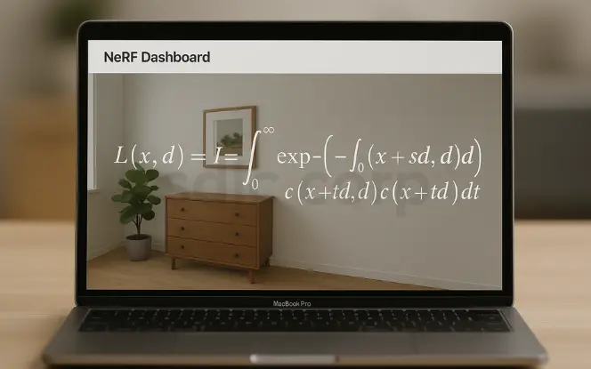 Laptop screen displaying the NeRF dashboard with a volumetric rendering equation overlayed on a 3D-rendered room scene featuring a dresser, potted plant, and framed wall art.