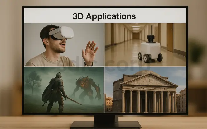 Collage showing different 3D applications: a man using a VR headset, a small autonomous robot in a hallway, a fantasy video game character facing a monster, and classical architectural building with columns.
