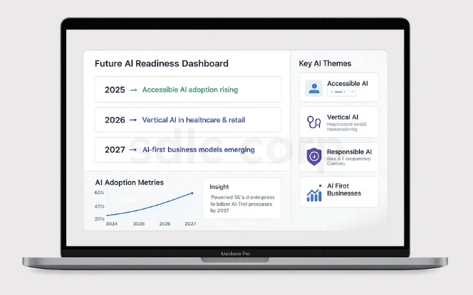 Future AI Readiness Dashboard on a laptop showing AI adoption timeline (2025–2027), growth metrics, and key AI themes.