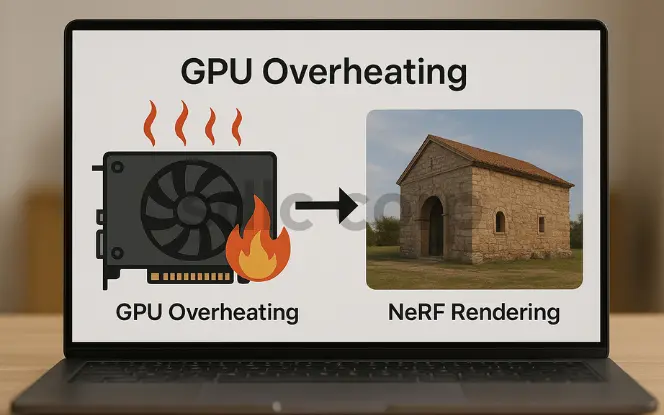 Illustration showing GPU overheating with flames on a graphics card, linked to NeRF rendering output of a 3D stone building, highlighting hardware performance challenges.