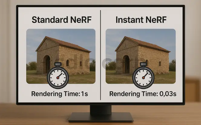 Comparison of Standard NeRF and Instant NeRF rendering times showing the same 3D stone building: Standard NeRF takes 1 second, while Instant NeRF renders in 0.03 seconds.