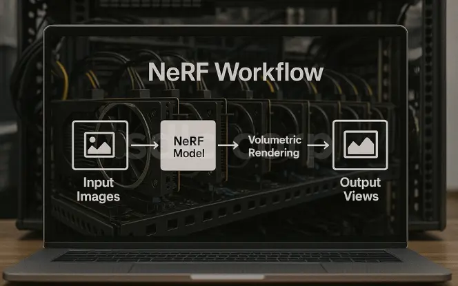 Diagram of the NeRF workflow displayed on a laptop screen, showing the process from input images through the NeRF model and volumetric rendering to generate output 3D views.