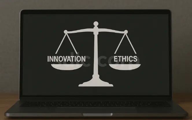 Illustration of a balance scale on a laptop screen with the words “Innovation” on one side and “Ethics” on the other, symbolizing the balance between technological progress and ethical responsibility.