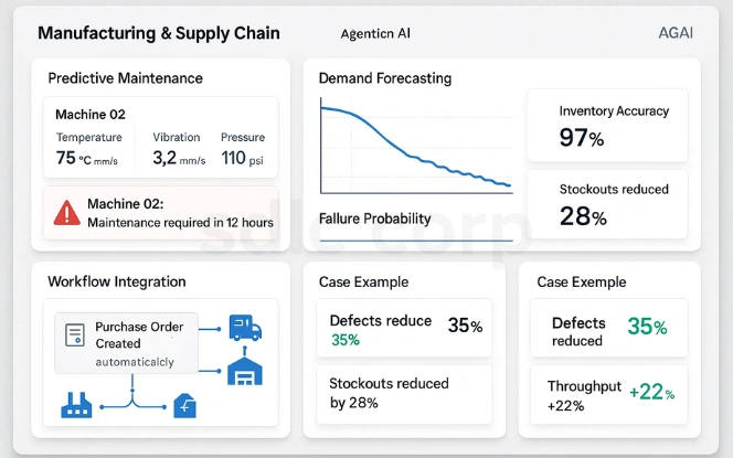 Agentic AI dashboard for manufacturing showing predictive maintenance, demand forecasting, inventory accuracy, and case metrics.