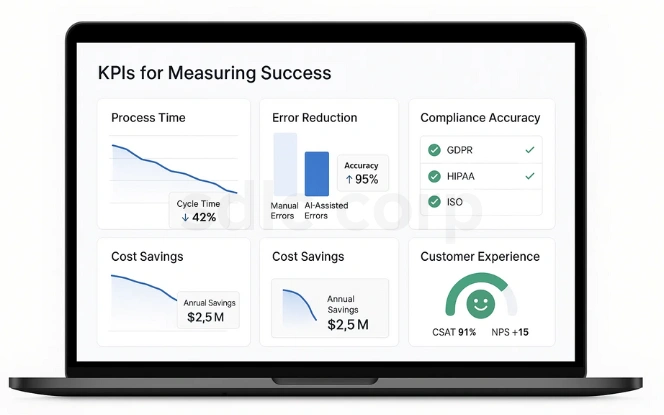 Agentic AI KPI measurement dashboard tracking process time, error reduction, compliance accuracy, cost savings, and customer satisfaction.