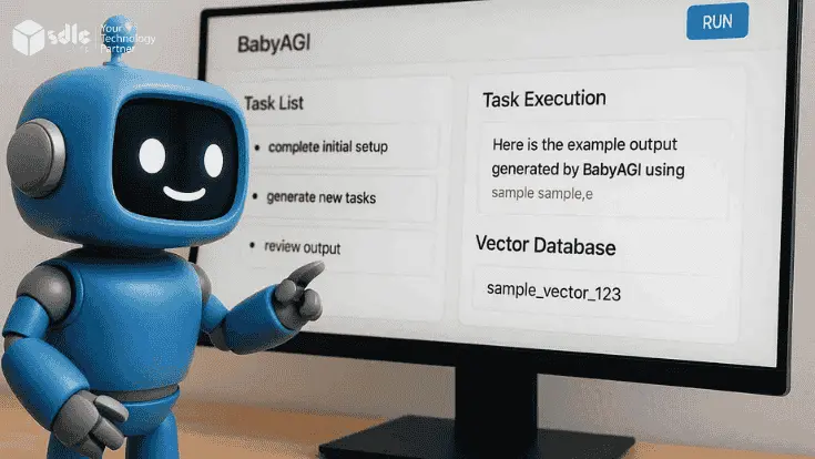BabyAGI lightweight AI agents dashboard with neural network brain on monitor.