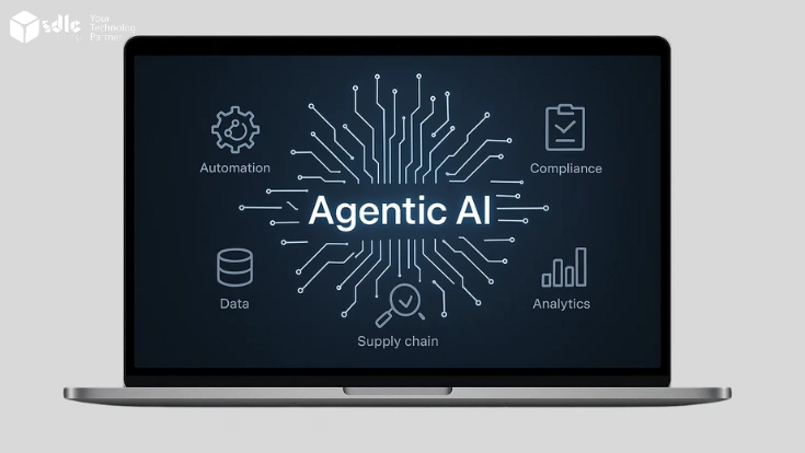 Laptop screen showing Agentic AI with workflow icons for automation, compliance, data, analytics, and supply chain in a digital circuit design.