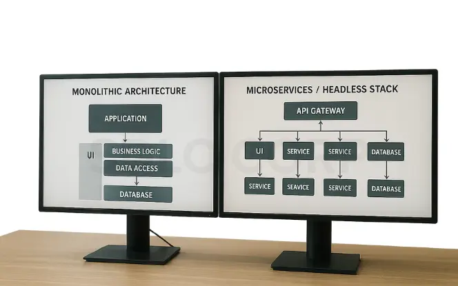   SFRA or composable (PWA Kit) build dashboard on monitor, white background.
.