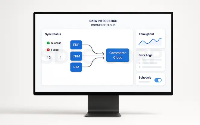   Data integration dashboard on monitor, white background.