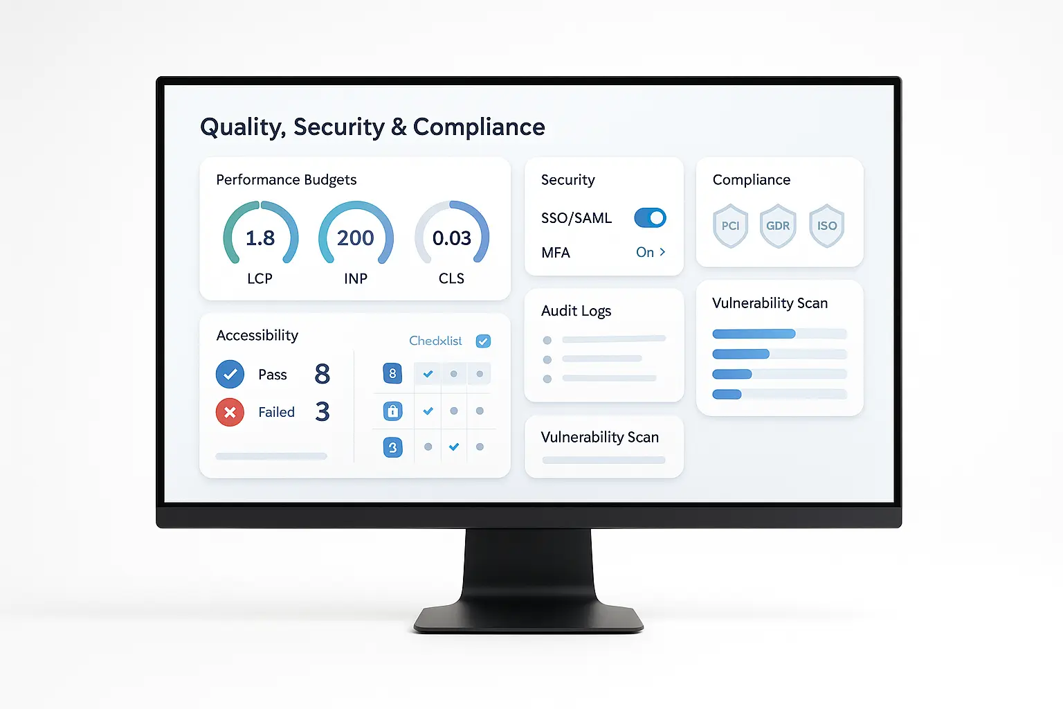   Quality, security & compliance dashboard on monitor.
